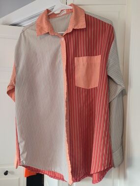 Striped Colorblock Button-Down Shirt - Coral & Mint